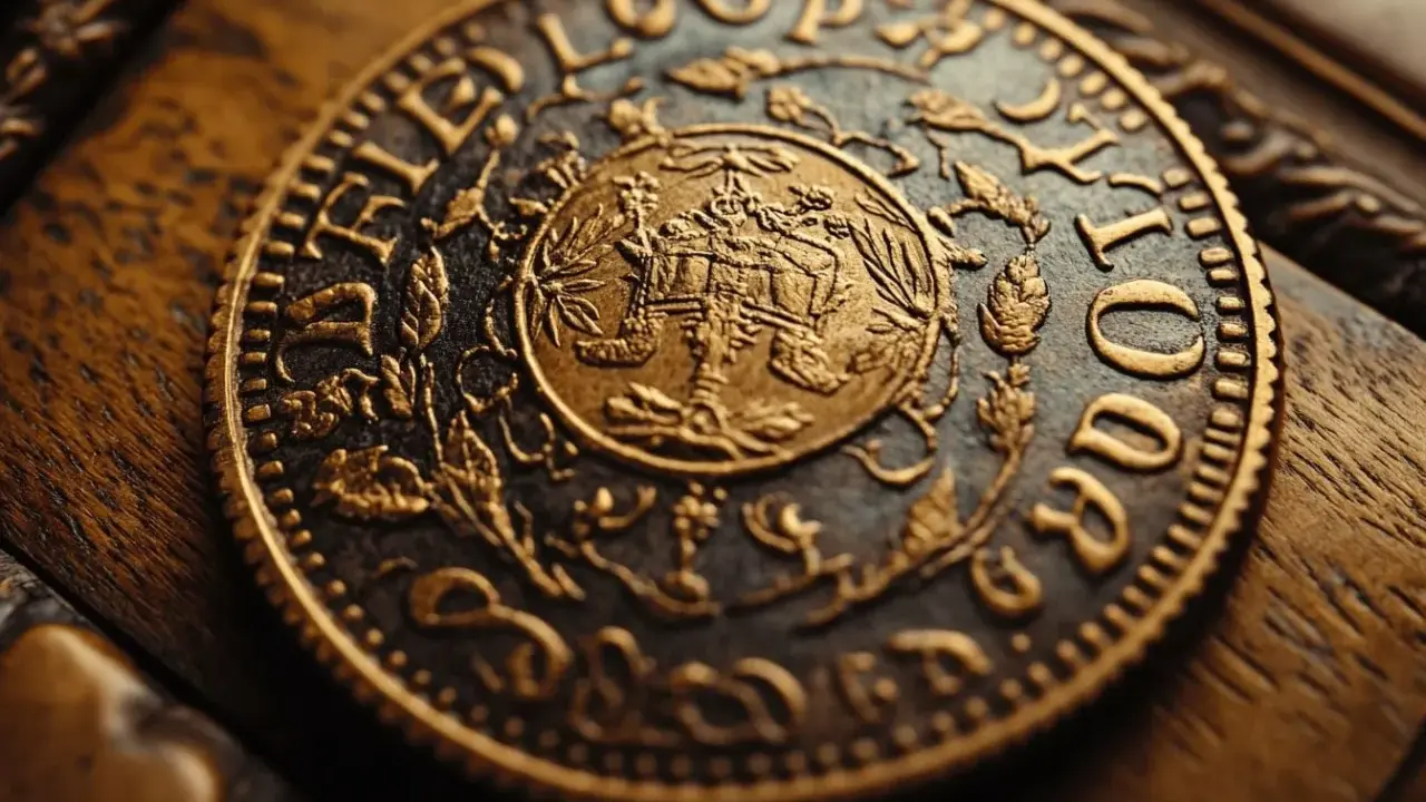 Gros plan sur une pièce d'or ancienne, gravée de motifs floraux et d'une scène centrale. La question "combien vaut un louis d'or" résonne face à ce trésor.