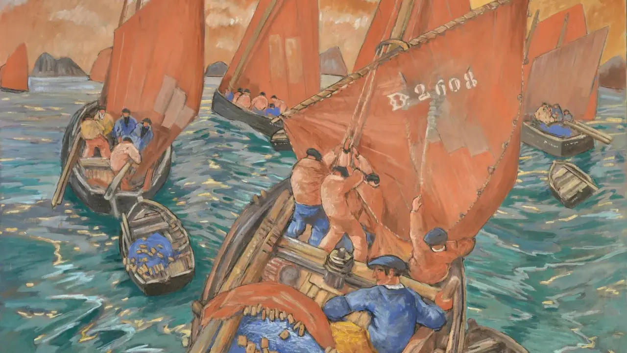 Pêcheurs hissant les voiles rouges sur leurs bateaux, une scène maritime vibrante dans le style de Mathurin Méheut.