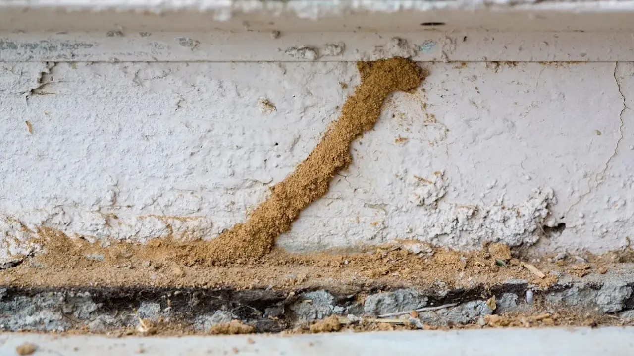 Un tunnel de terre, signe d'un trou de termite dans le bois, serpente sur un mur blanc.