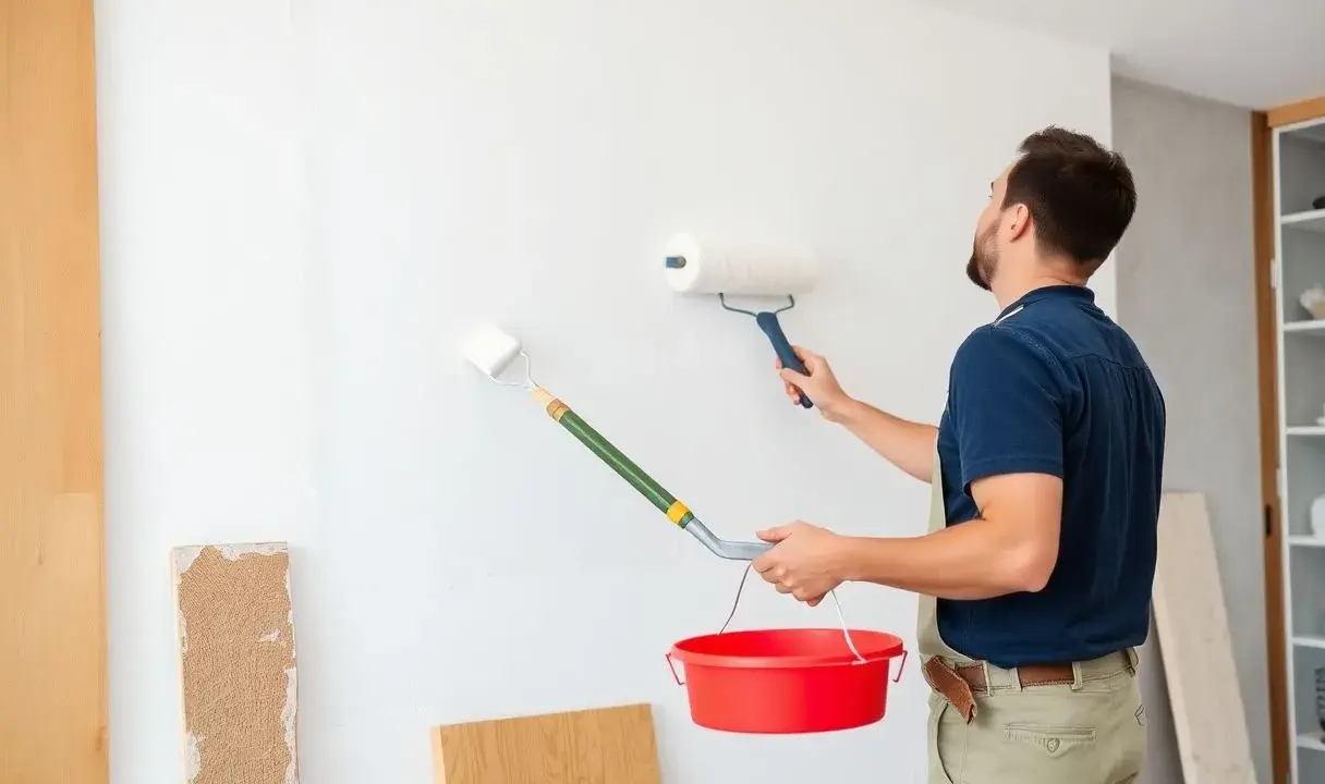 Un peintre applique une sous-couche blanche sur un mur avec deux rouleaux. Il tient un seau rouge. Peut-on mettre 2 couches de sous-couche pour un meilleur résultat ?