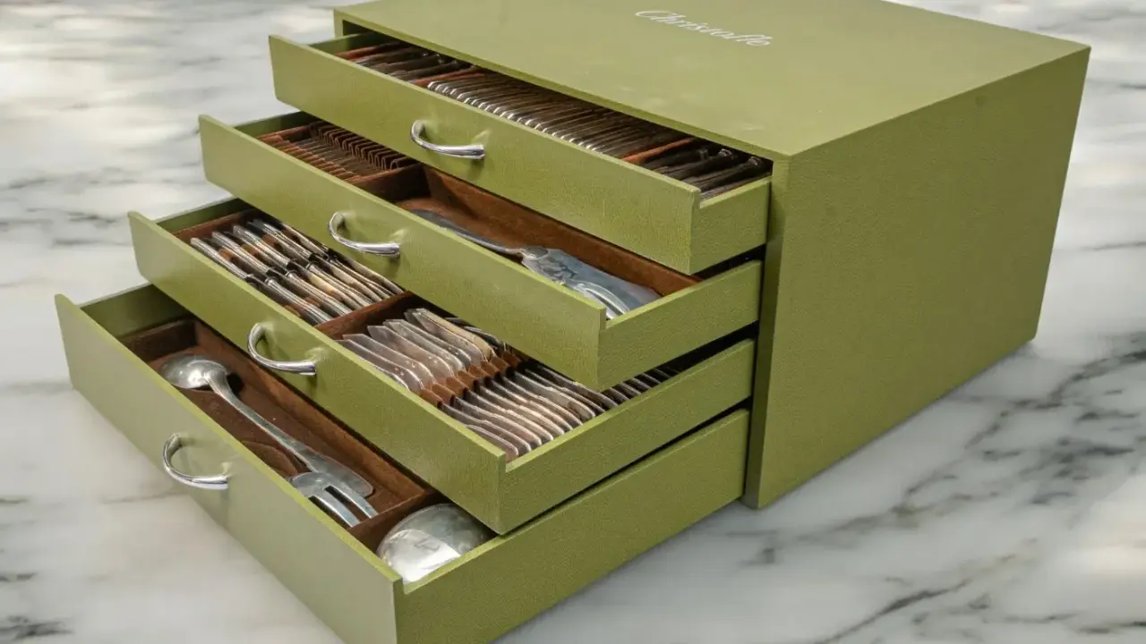 Coffret vert olive Christofle contenant des couverts en argent. Quelle est la valeur d'une ménagère en argent ? Un trésor familial.