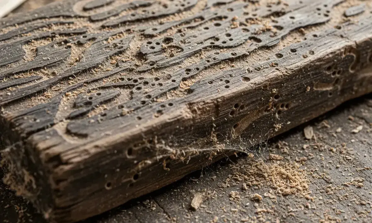 Un morceau de bois rongé par la vermoulure, montrant les galeries creusées par les insectes. Un traitement est nécessaire pour sauver ce bois.