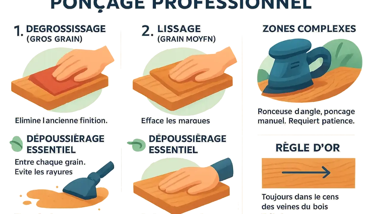 Guide pour poncer un plan de travail : dégraissage, lissage, zones complexes. Nettoyer entre chaque grain pour éviter les rayures. Toujours poncer dans le sens des veines du bois.