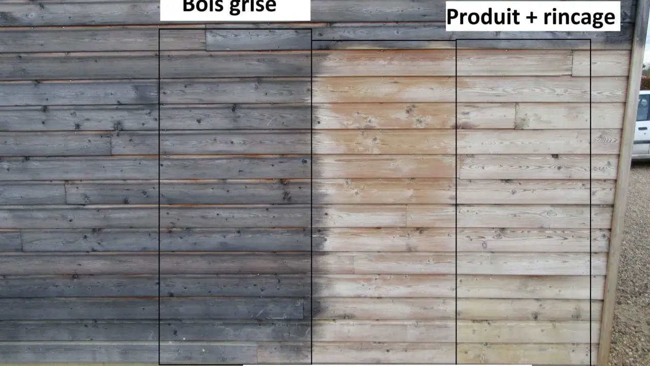 Comparaison avant/après : bois grisé d'un côté, bois traité avec produit + brossage + rinçage de l'autre. La lasure bois a redonné vie au bois.