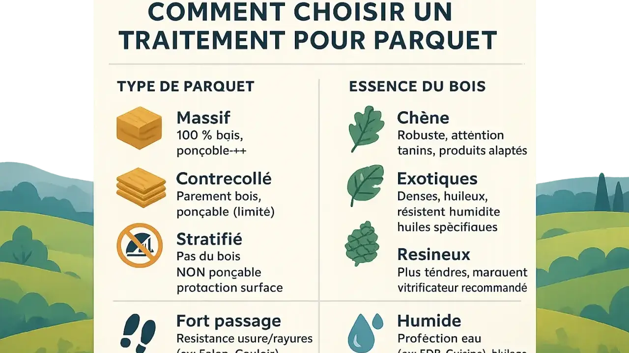 Guide pour choisir quel produit pour traiter le bois de parquet : types de parquets (massif, contrecollé, stratifié, fort passage) et essences de bois (chêne, exotiques, résineux, humide).