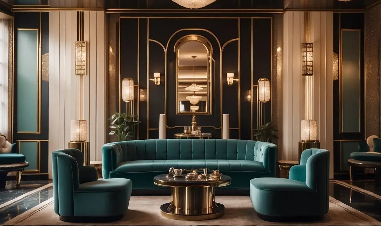 Salon luxueux au style art déco, avec canapé en velours turquoise, fauteuils assortis, table basse dorée et éclairage d'ambiance.