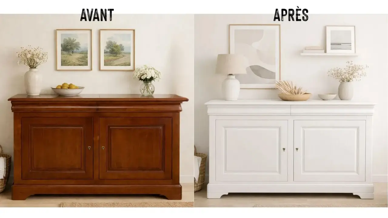 Avant/Après : une vieille commode en bois foncée transformée en blanc lumineux. Un relooking réussi pour une touche de fraîcheur.