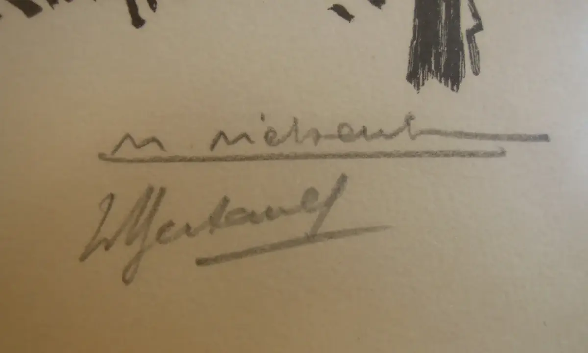 Signature de Mathurin Méheut, un artiste breton, tracée à l'encre grise sur un fond crème.
