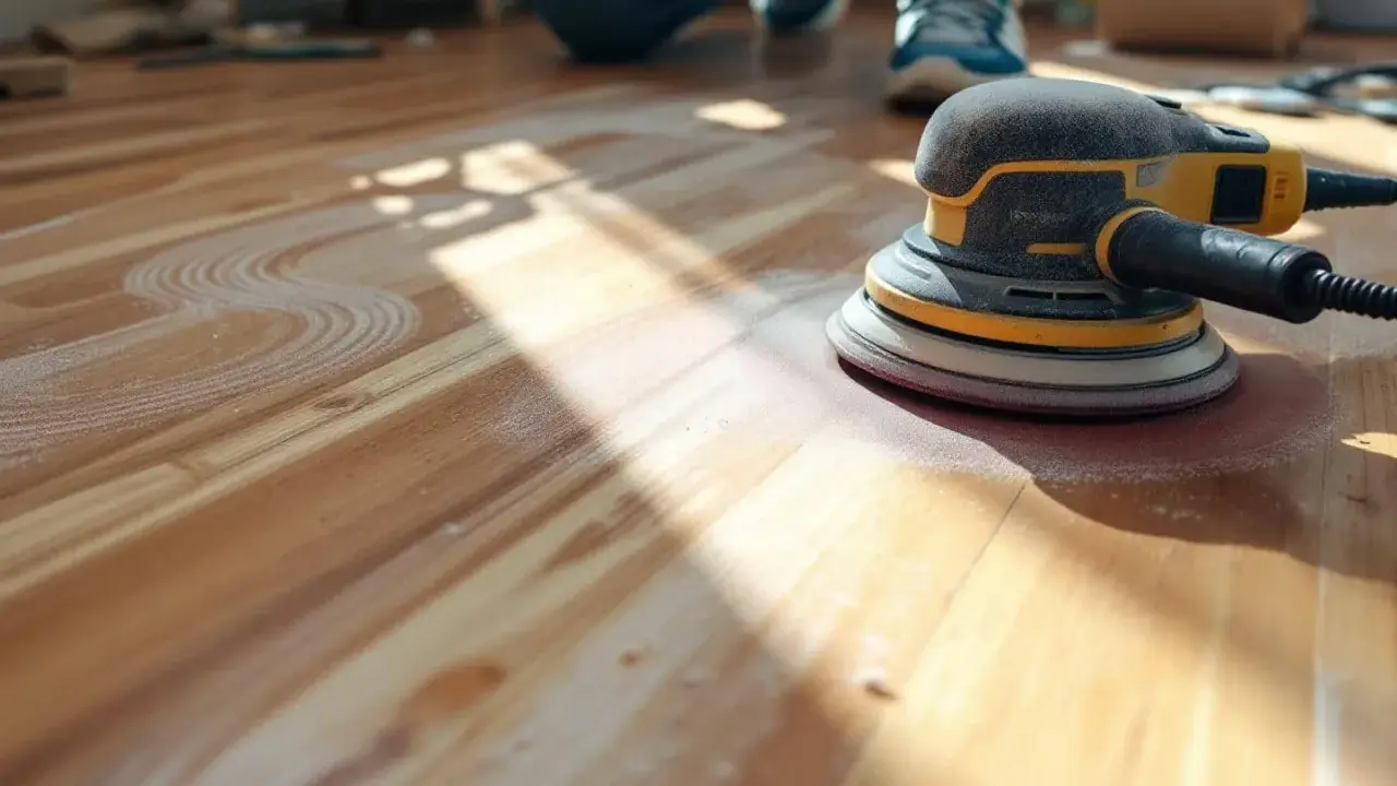 Une ponceuse orbitale laisse une fine poussière sur un parquet en bois, prête pour le nettoyage.