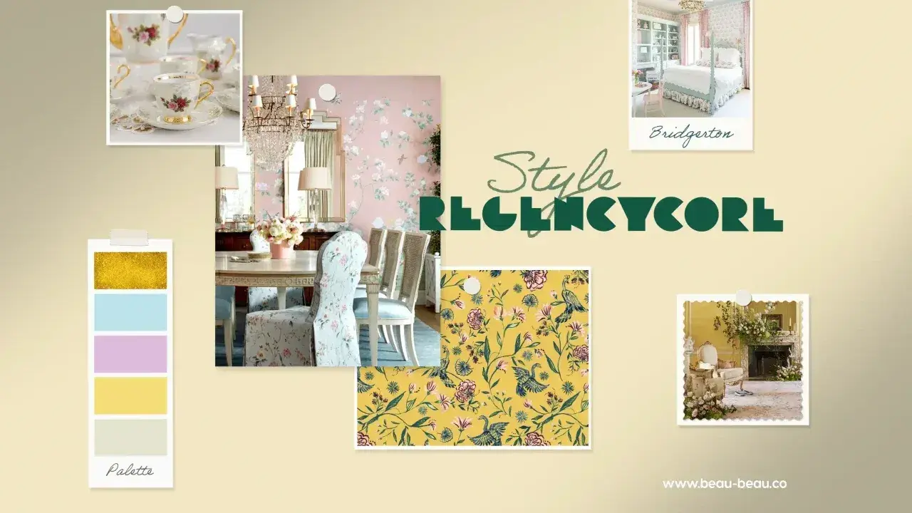 Ambiance douce et florale dans un style Regencycore : vaisselle fine, salle à manger élégante, motifs oiseaux et fleurs, et une chambre inspirée de Bridgerton.