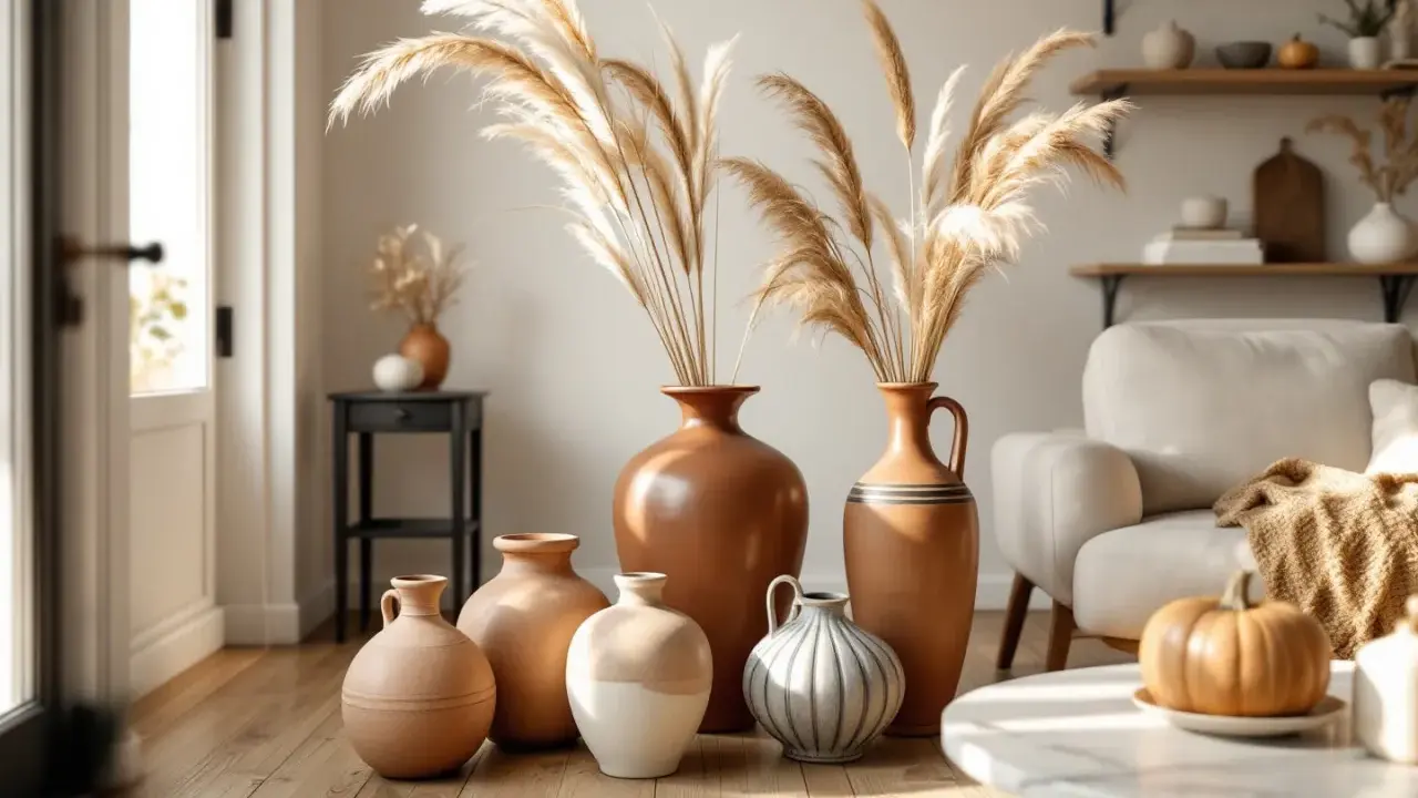 Un salon cosy avec des vases en terre cuite, dont un grand vase borghèse, ornés de graminées séchées. Une citrouille décore la table basse.