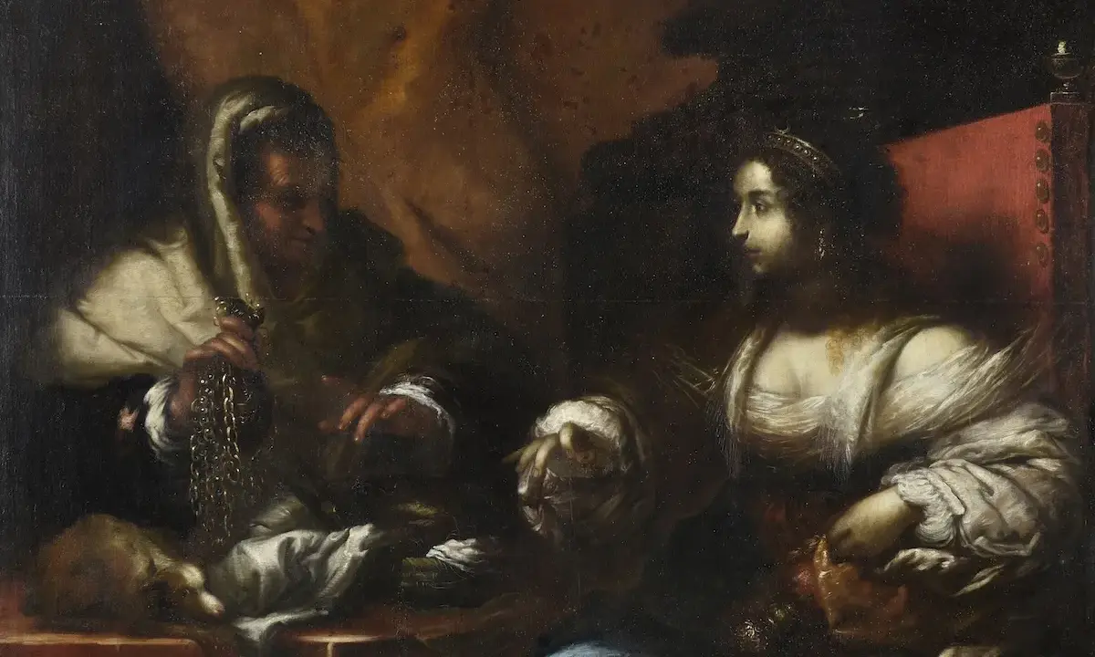 Une femme âgée examine une chaîne, tandis qu'une jeune femme couronnée est assise. Une scène qui pourrait faire partie d'une estimation tableau.