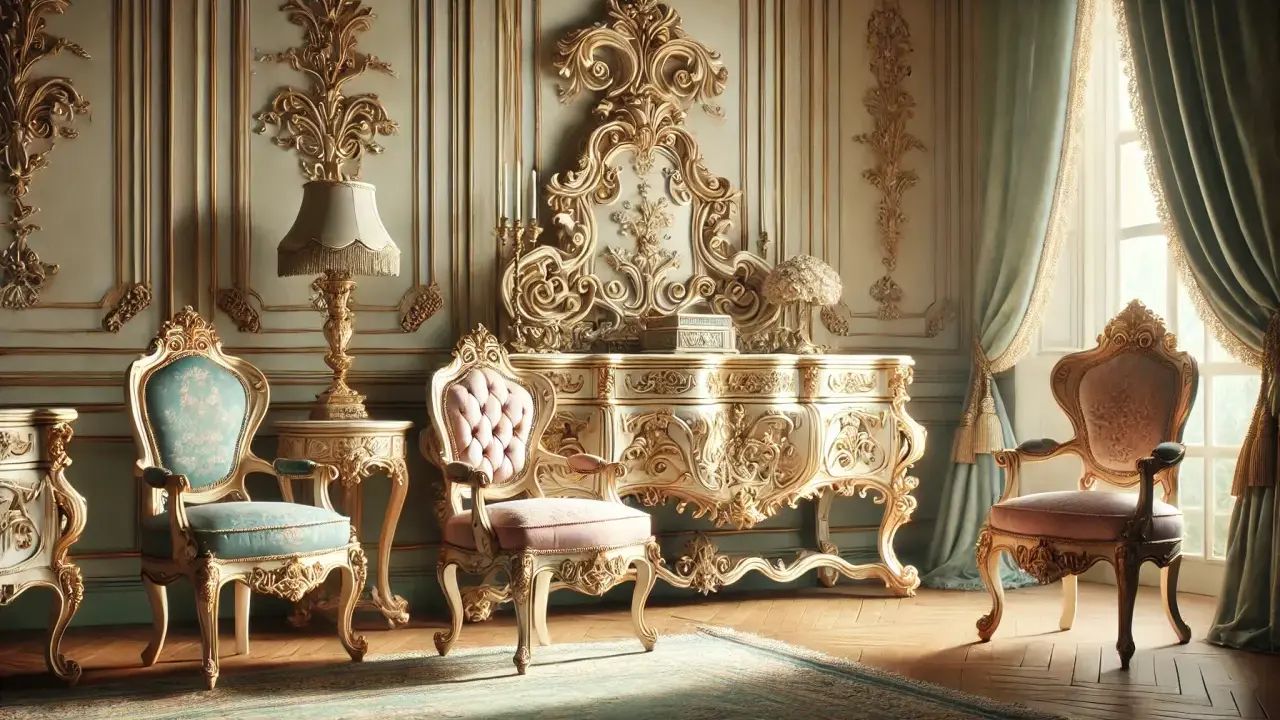 Un salon orné de mobilier rococo doré et sculpté, avec des fauteuils en velours rose et bleu, une coiffeuse imposante et des rideaux de soie.