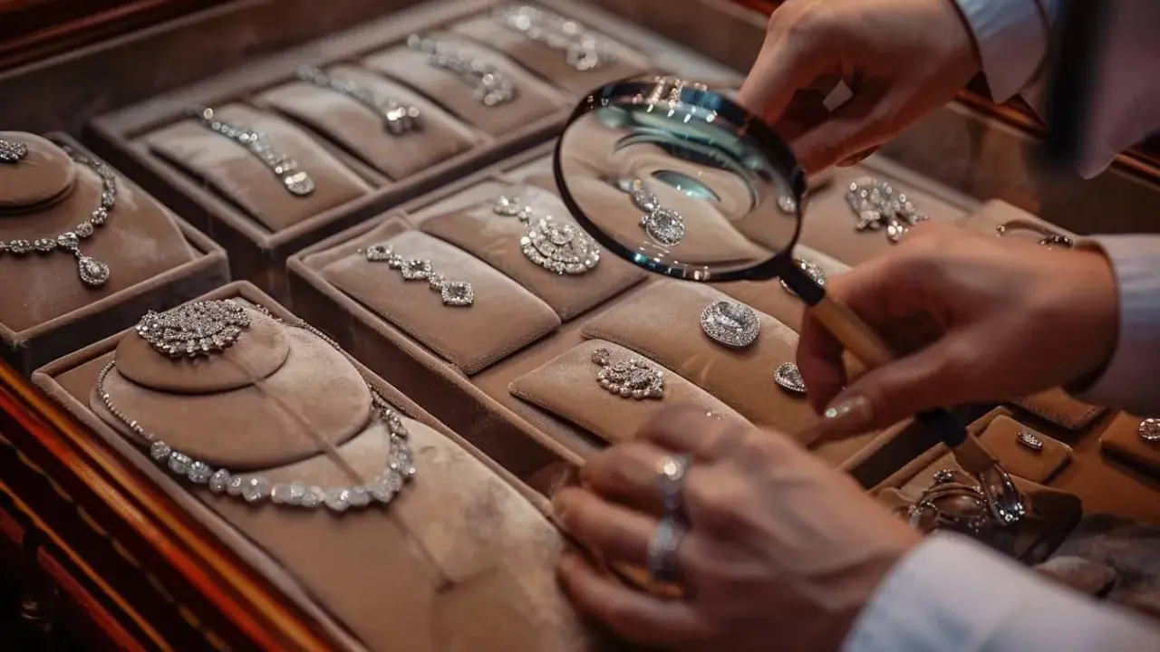 Main d'un expert examinant des colliers et pendentifs en diamants avec une loupe, témoignant d'une expertise bijoux.
