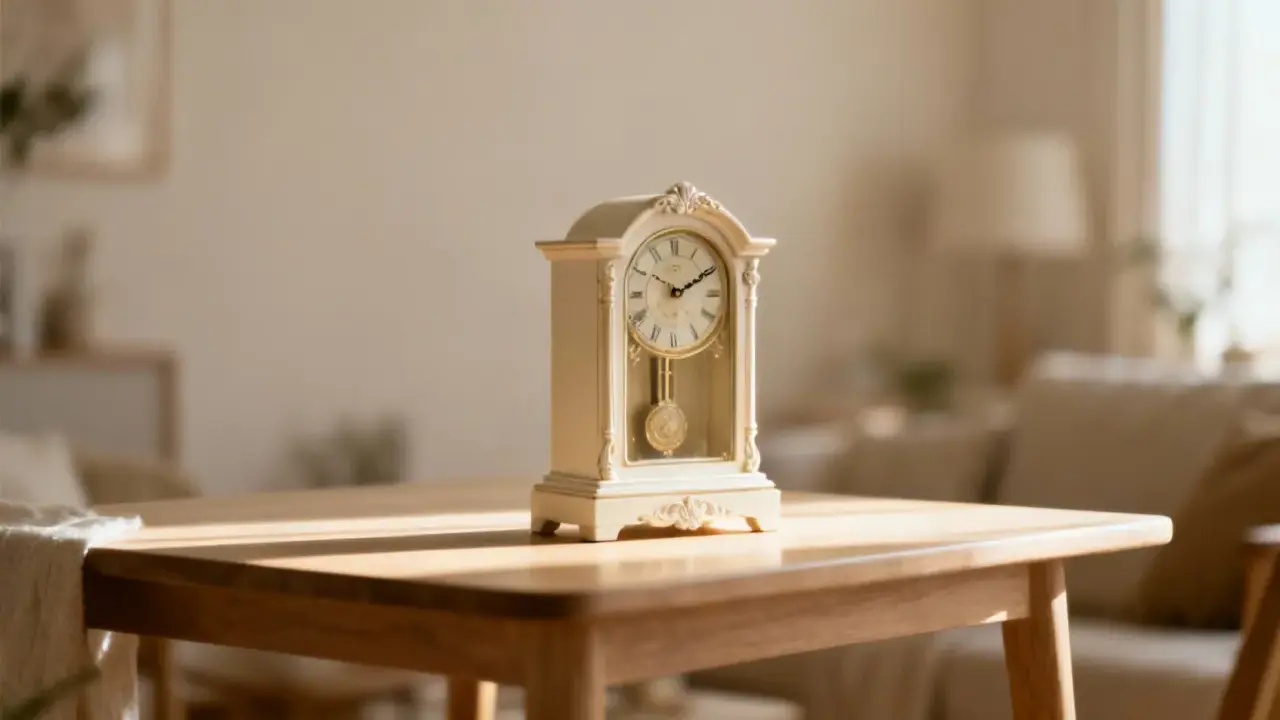 Une belle horloge ancienne, ornée de détails classiques, trône sur une table en bois. Son pendule doré oscille doucement, invitant à une estimation de son charme intemporel.