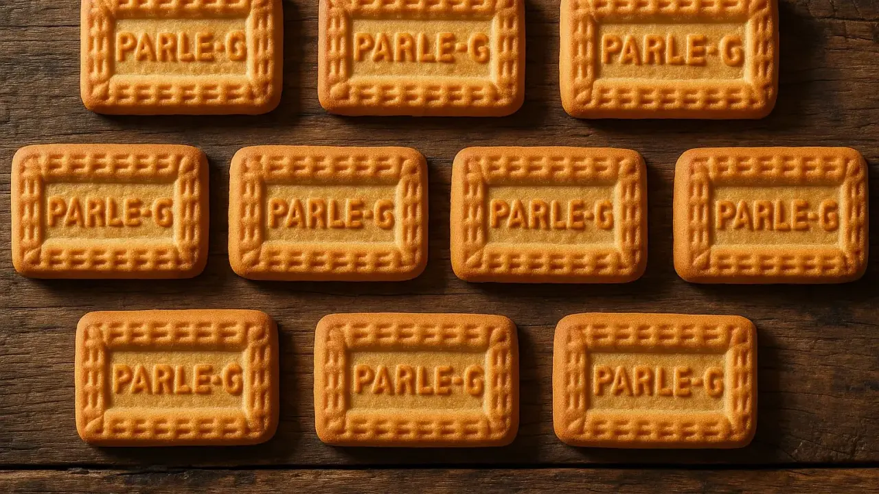 Dix biscuits Parle-G disposés en rangées sur un fond en bois. Une estimation de sujet en biscuit ancien.