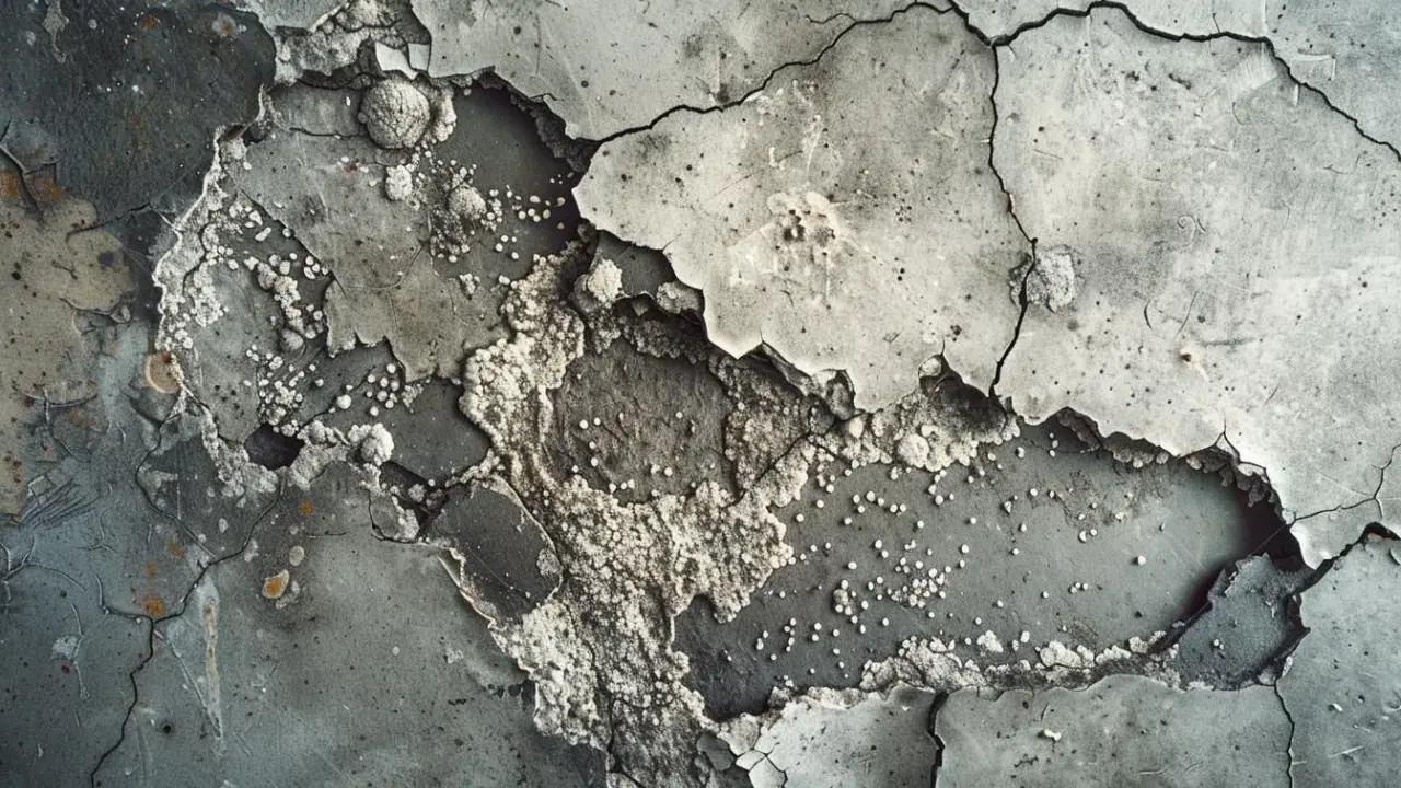Détail d'un mur en béton fissuré et écaillé, révélant une texture rugueuse et des dépôts blancs ressemblant à de la mérule béton.