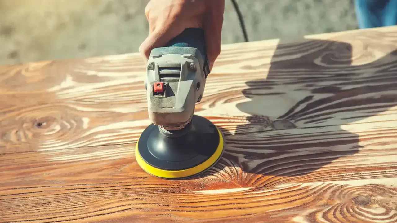 Main d'artisan utilisant une ponceuse pour enlever lasure sans poncer le bois. Le grain du bois est bien visible.