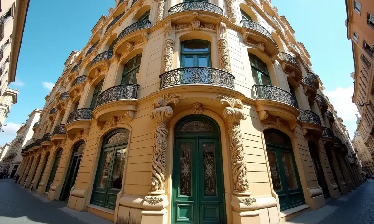 Un immeuble d'art nouveau architecture, aux balcons en fer forgé et façades ornées, se dresse sous un ciel bleu.