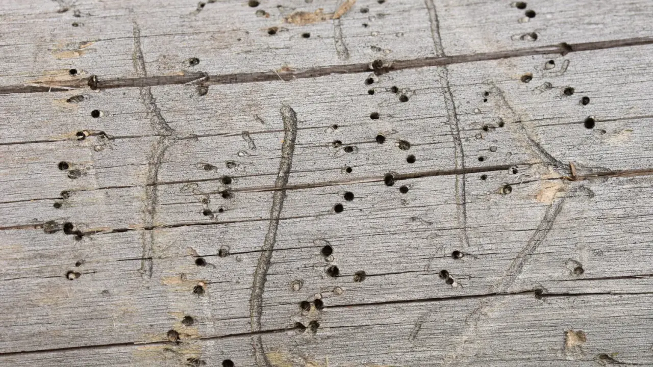 Surface d'un bois grisonnant criblé de petits trous, traces d'une attaque de vrillette du bois. Un traitement naturel pourrait être envisagé.