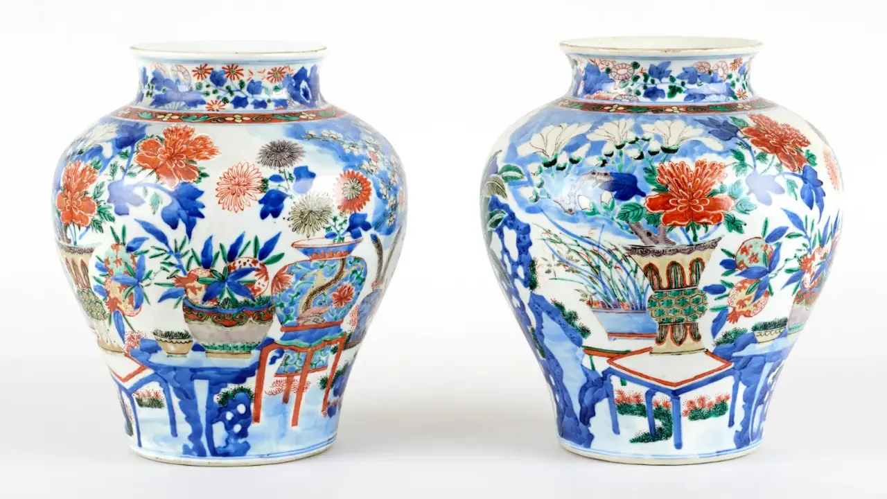 Deux vases anciens chinois, ornés de fleurs et de motifs complexes, évoquant une scène de jardin paisible. Une signature vase chinois ancien.