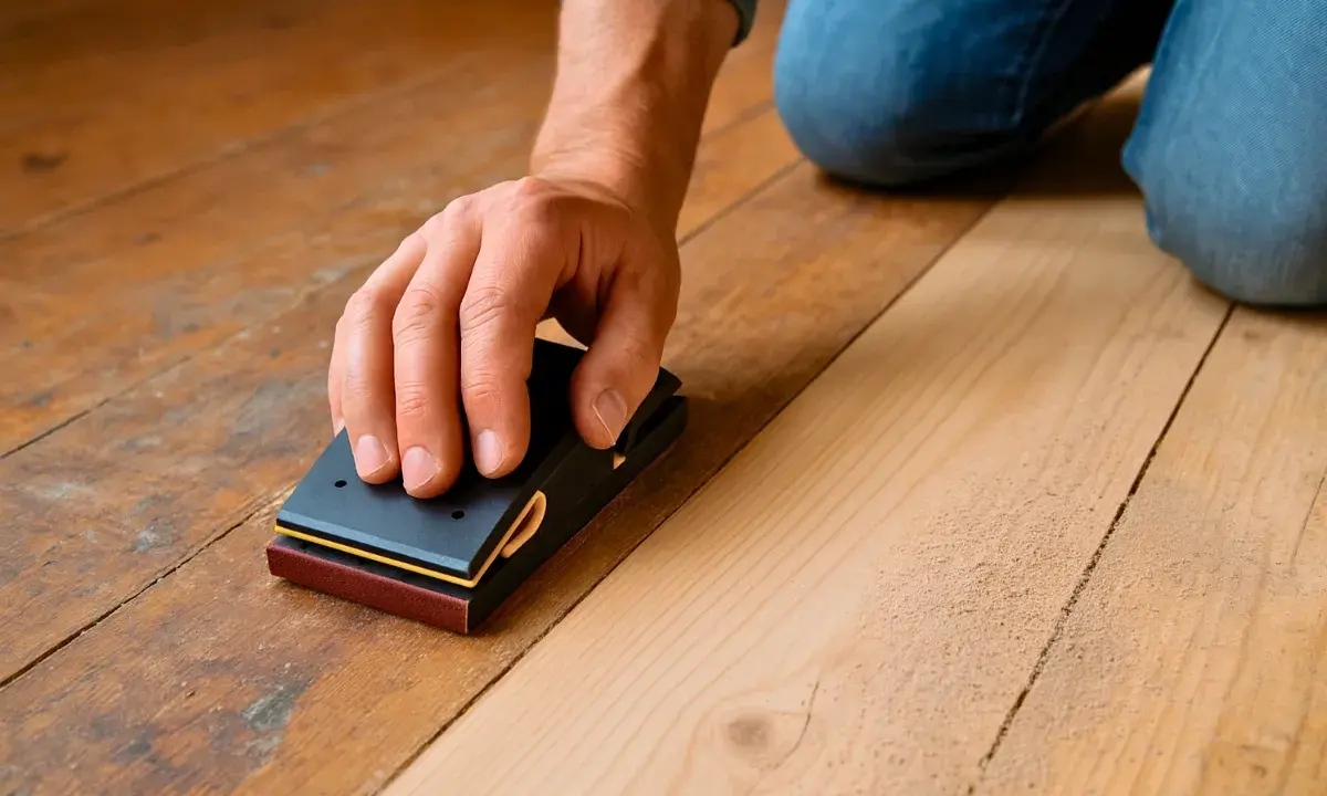 Main d'un artisan ponçant un plancher de bois avec un bloc abrasif, démontrant qu'il est possible de poncer sans ponceuse.