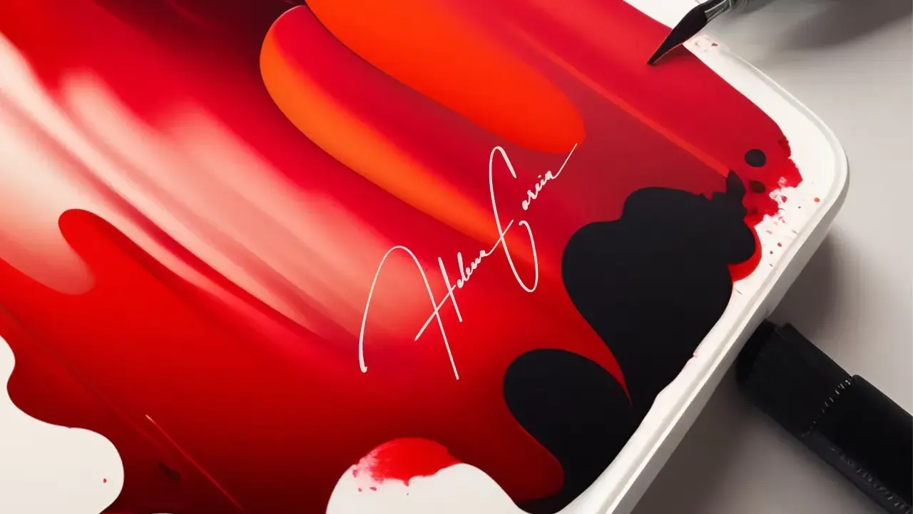 Signature blanche "Helena Garcia" sur fond abstrait rouge et noir, avec un pinceau et un marqueur.