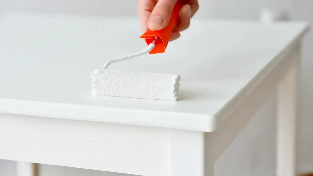 Main blanche d'un meuble laqué, un rouleau de peinture blanc est appliqué.