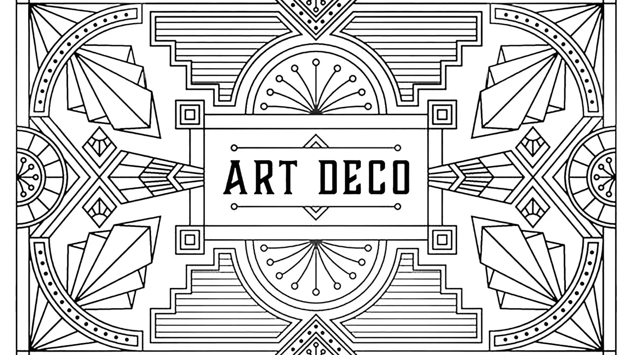 Un cadre rectangulaire orné de motifs géométriques symétriques, évoquant le style art déco. Le centre affiche le texte "ART DECO".
