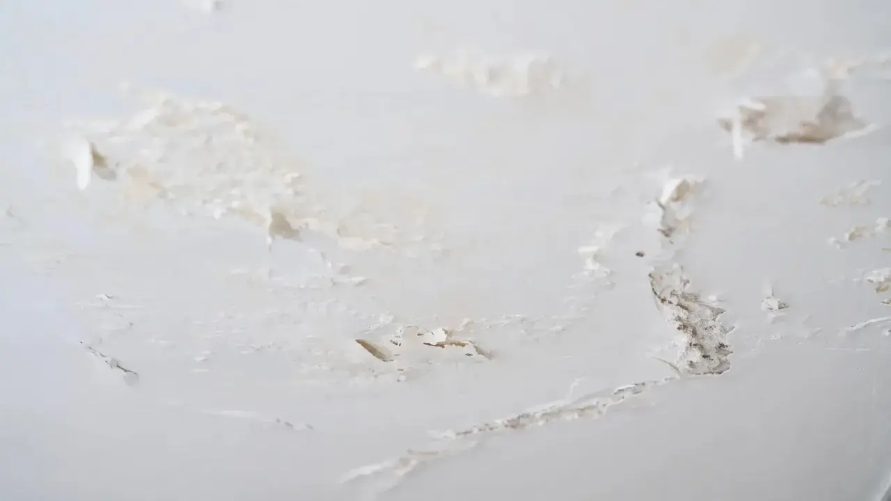 Détails d'un plafond abîmé, avec des morceaux de peinture écaillée révélant le plâtre sous-jacent, signe de salpêtre sur le mur.