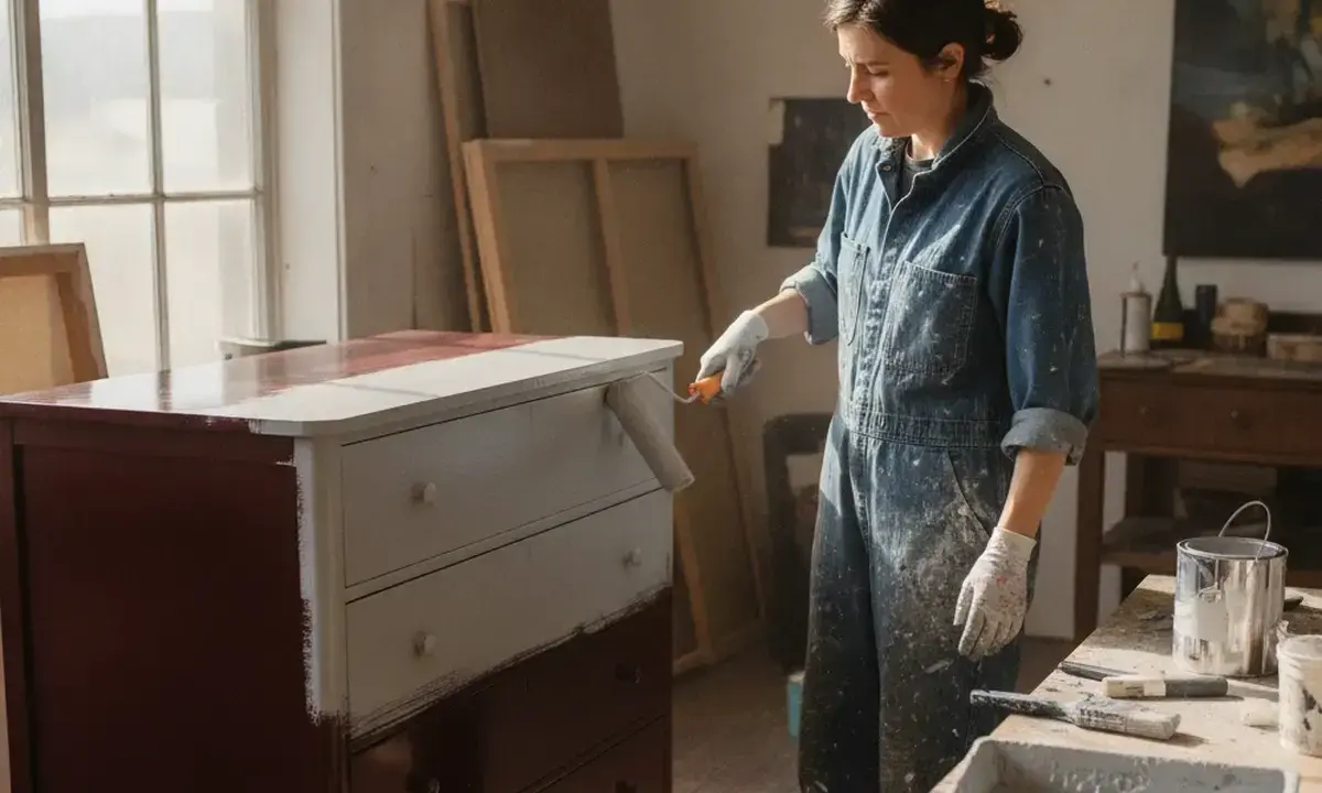 Une femme en salopette bleue est en train de laquer un meuble en bois, appliquant une peinture blanche sur le dessus d'une commode bordeaux.