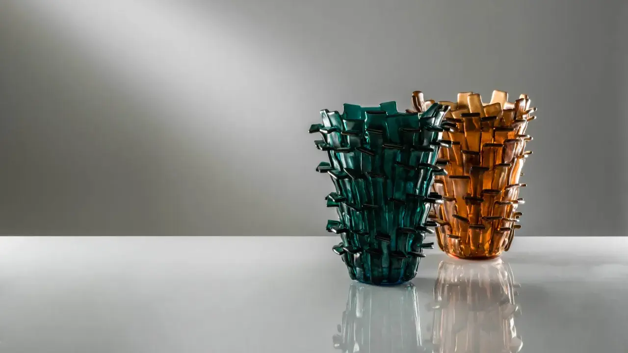 Deux vases en verre soufflé, un bleu sarcelle et un ambre, aux formes organiques rappelant des cactus, créations de Fulvio Bianconi.
