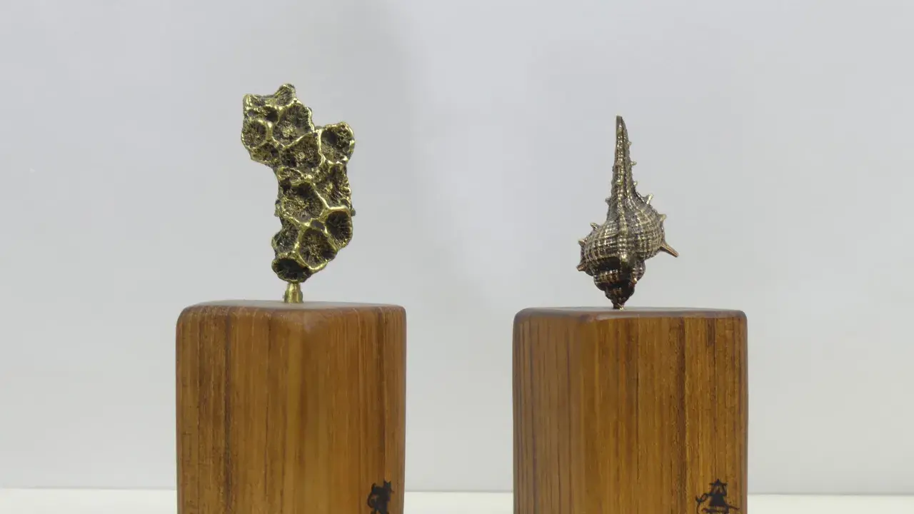 Deux sculptures en bronze, l'une abstraite, l'autre en forme de coquillage, sur des socles en bois portant la signature des fondeurs de bronze.