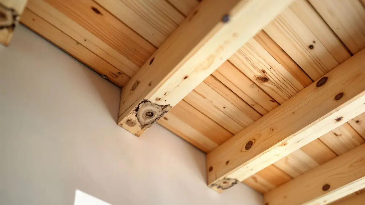 Structure en bois clair, avec des poutres et des planches. On aperçoit un champignon bois extérieur sur une poutre, signe d'une construction ancienne.