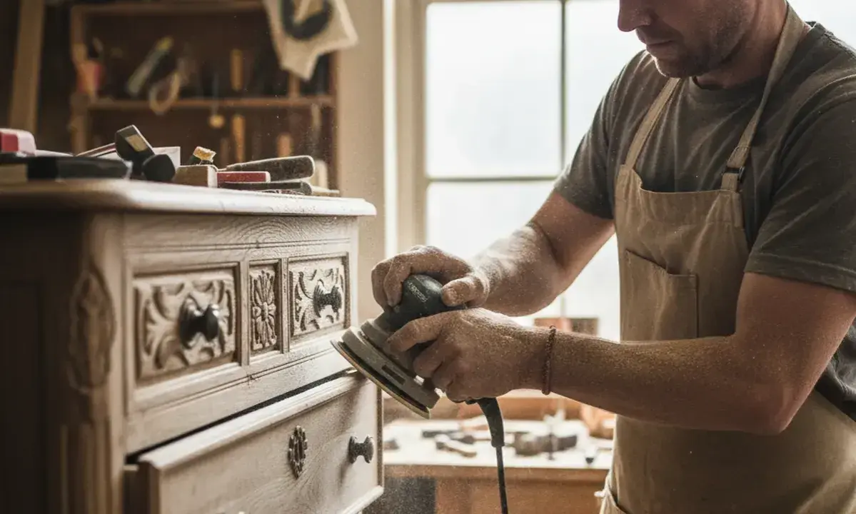 Artisan ponçant méticuleusement une commode sculptée, montrant comment poncer dans les recoins pour une finition parfaite.