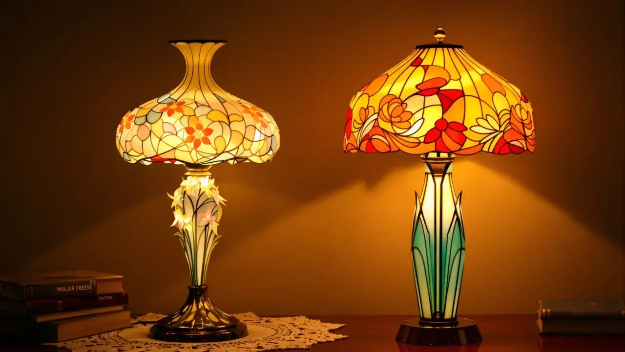 Deux lampes art nouveau Gallé aux abat-jour colorés, l'une ornée de fleurs, l'autre de motifs floraux, éclairent une table en bois.