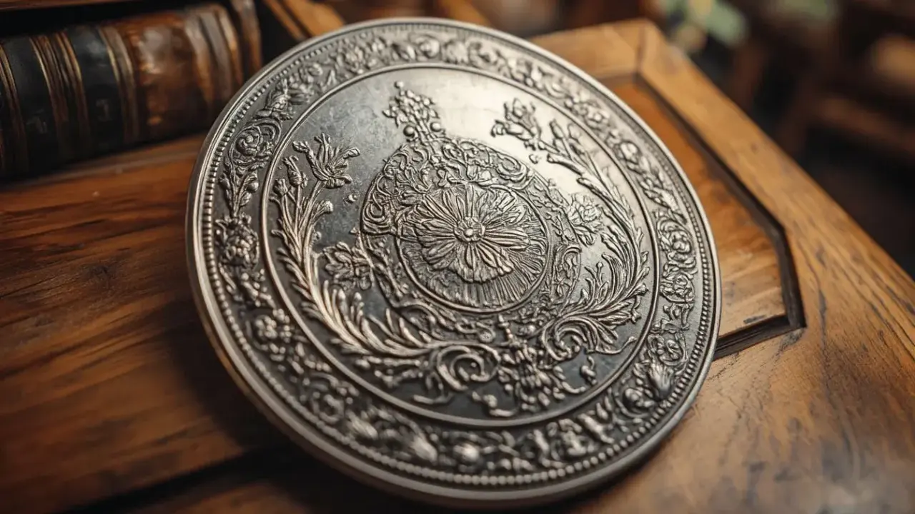 Une pièce en argent ornée, posée sur un bois ancien. Comment reconnaître une pièce en argent ? Examinez sa patine et ses détails fins.