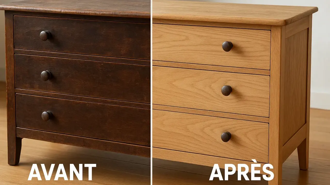 Commode en bois sombre avant restauration, puis après, révélant un style de meuble plus clair et naturel.