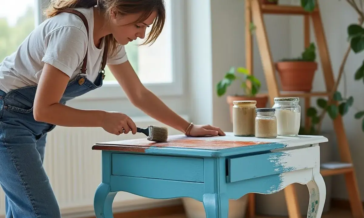 Une femme en salopette bleue redonne vie à une table ancienne, la transformant en un meuble unique.