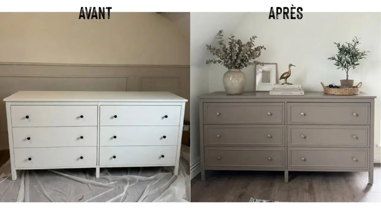 Avant/après : un commode blanc basique transformé par un décapage et relooking. Le nouveau look taupe avec poignées dorées est chic.