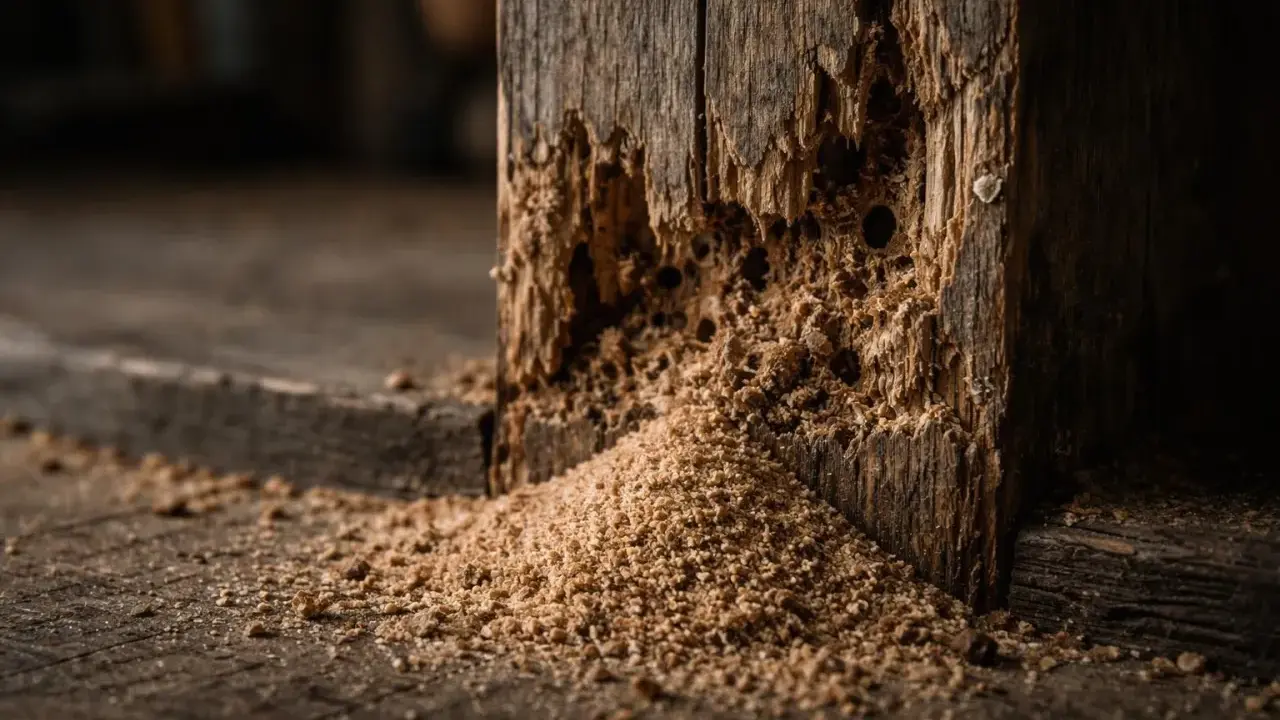 Un petit tas de sciure de bois s'accumule au pied d'un poteau en bois rongé, témoignant d'une présence passée.