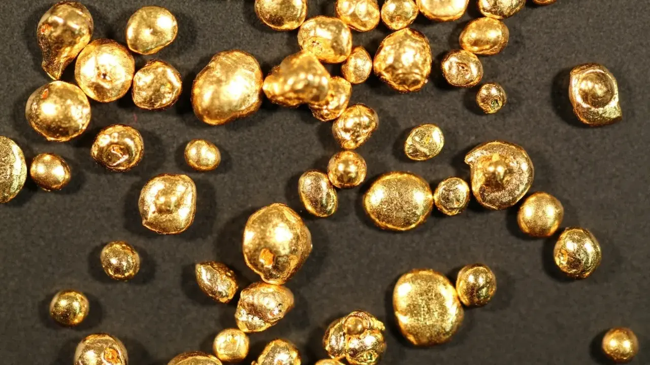 Grains d'or brut, certains ressemblant à des pépites, d'une pureté qui pourrait être du poinçon or 14 carats.