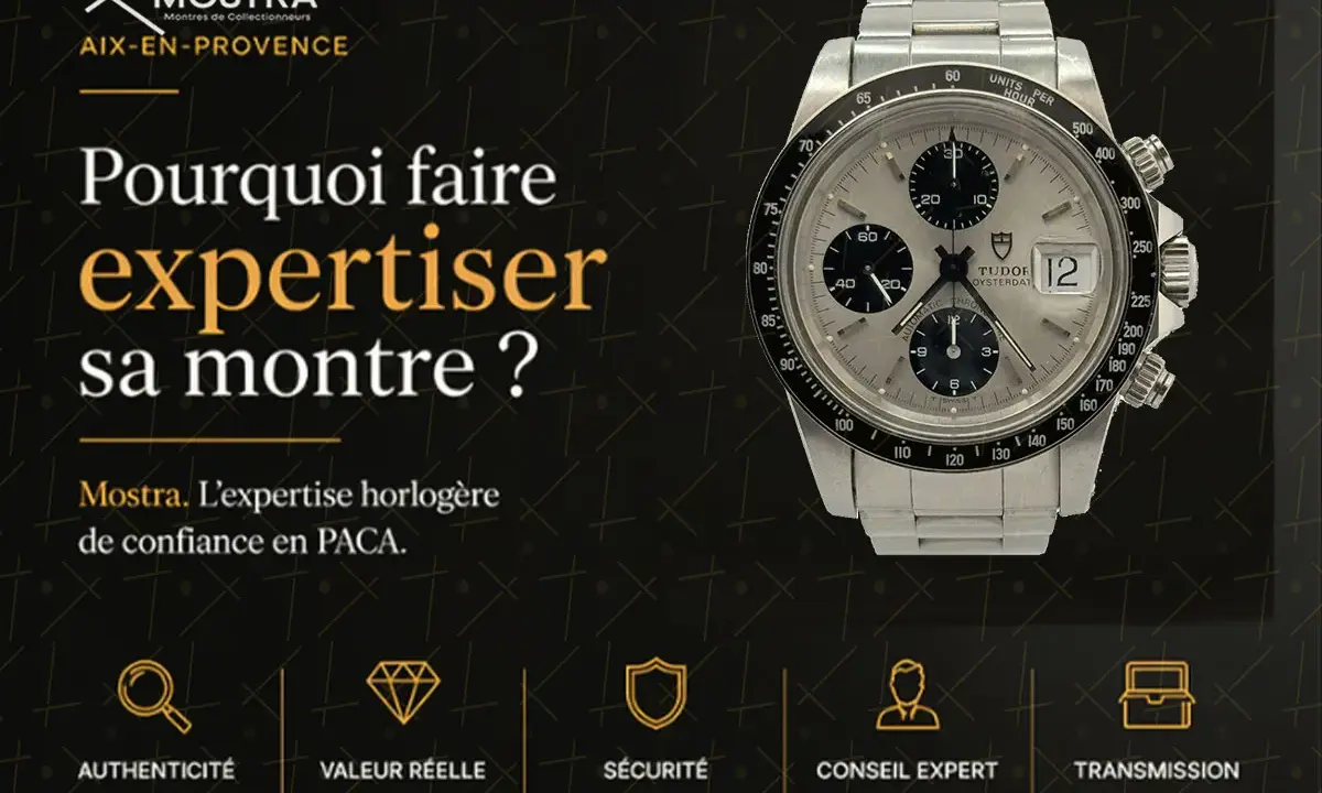 Montre Tudor chronographe argentée. Mostra offre une expertise horlogère de confiance pour expertiser votre montre.