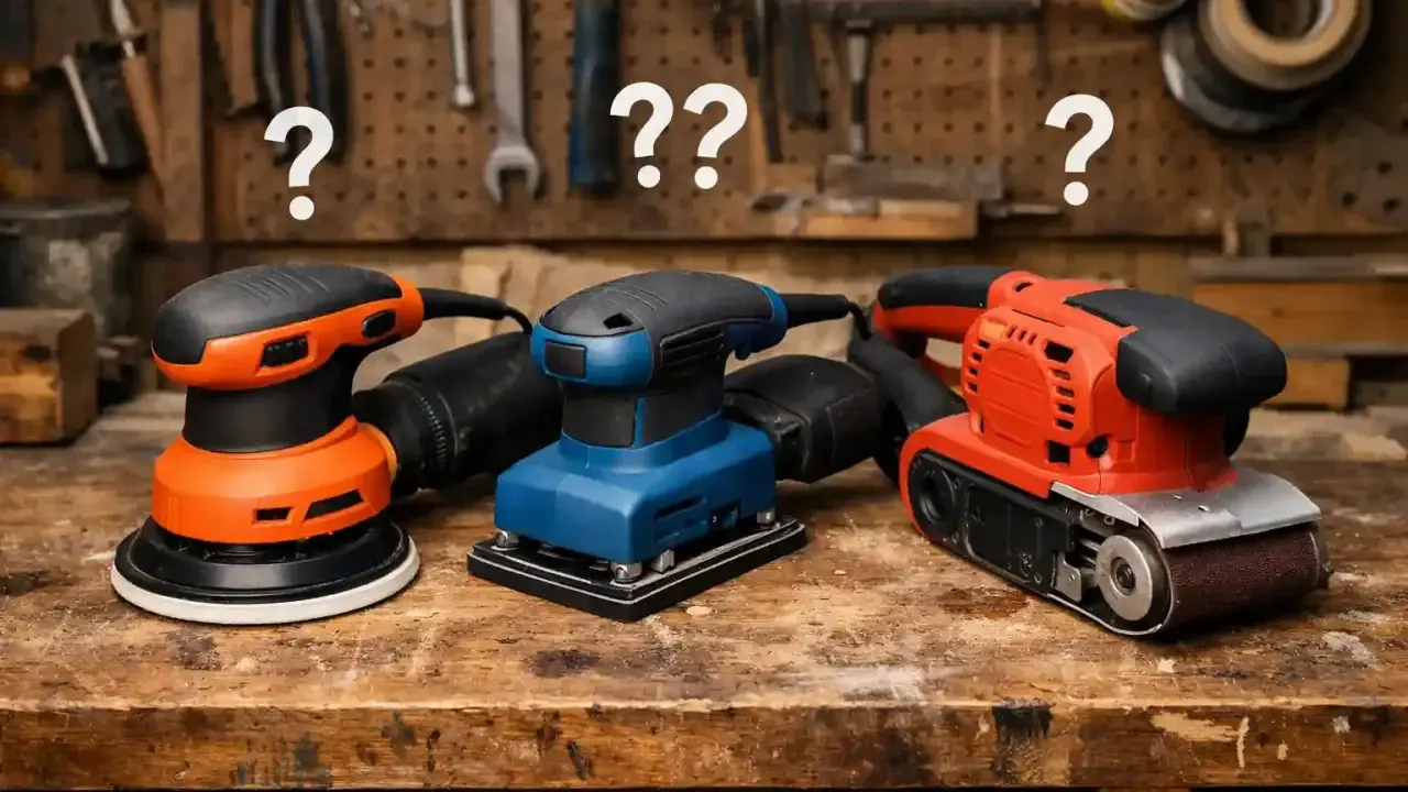 Trois ponceuses (orbitale, vibrante, à bande) sur un établi en bois. Quelle ponceuse pour le bois choisir ?