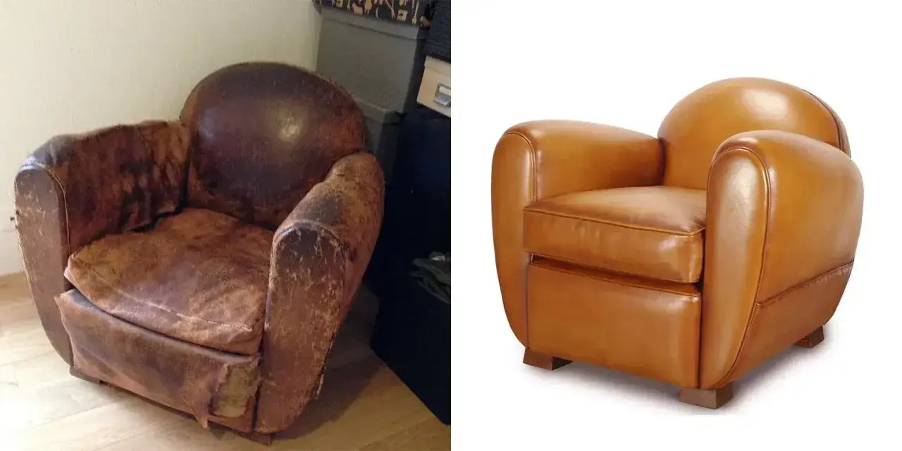 Avant/après : un fauteuil club usé transformé en un magnifique fauteuil relooké, tout en cuir cognac éclatant.