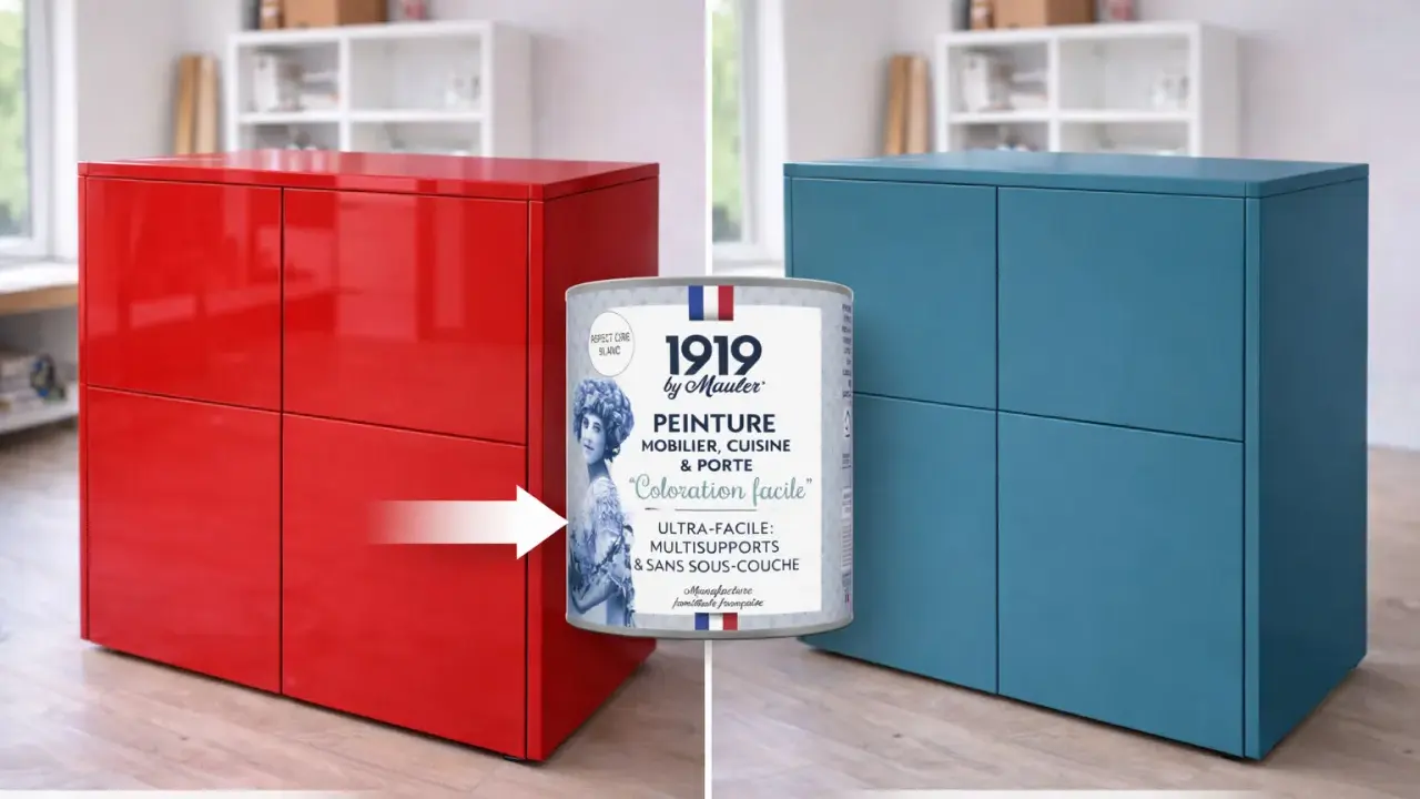 Avant/Après : une commode rouge transformée en bleu avec la peinture Mauler. La différence entre laque et peinture est ici évidente.