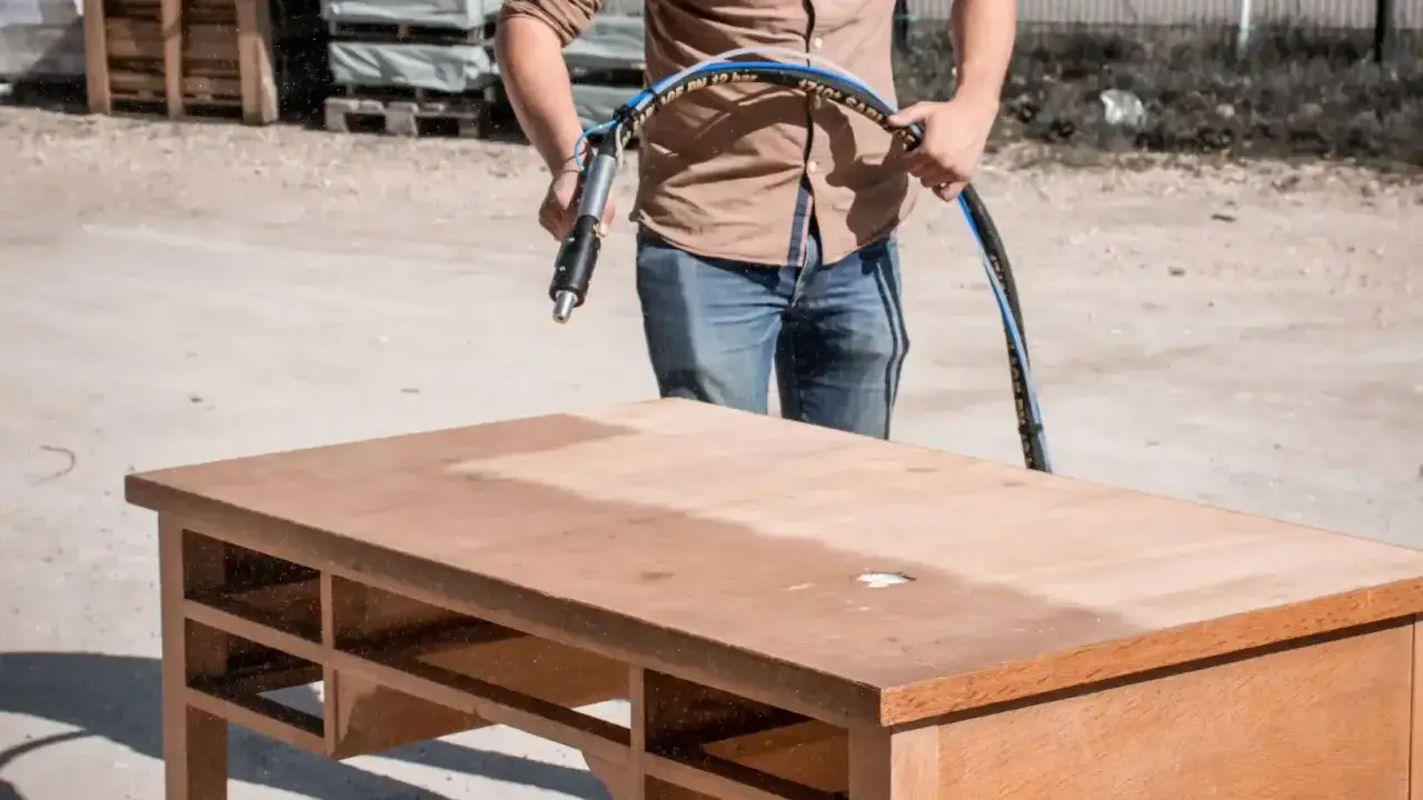 Un homme utilise un appareil pour poncer ou décaper un bureau en bois, révélant une surface plus claire.