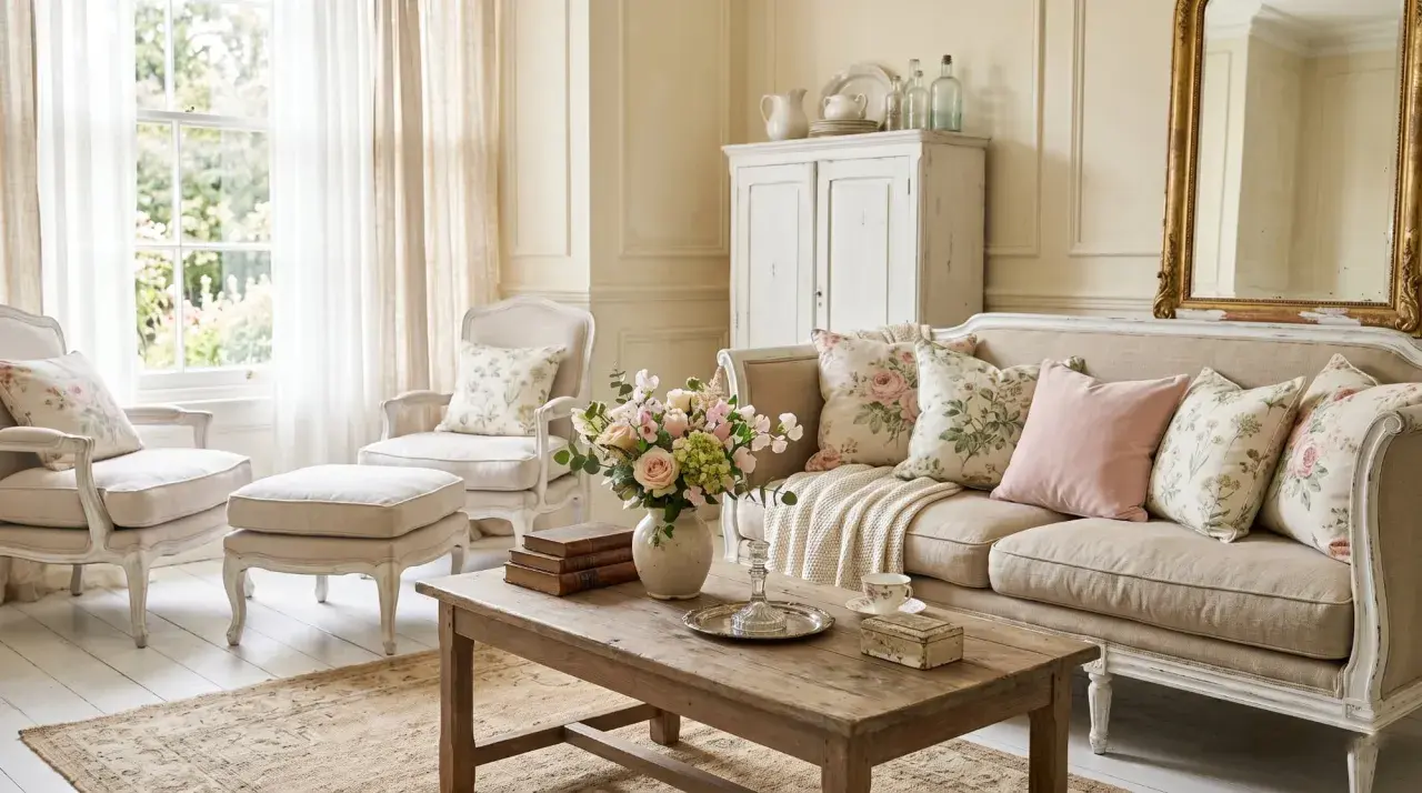 Salon au style antique, avec canapé et fauteuils en lin, coussins fleuris, table basse en bois brut et miroir doré.