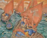 Pêcheurs hissant les voiles rouges sur leurs bateaux, une scène maritime vibrante dans le style de Mathurin Méheut.