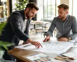 Deux hommes discutent d'un plan d'architecte, évoquant une époque de restauration et de renouveau.